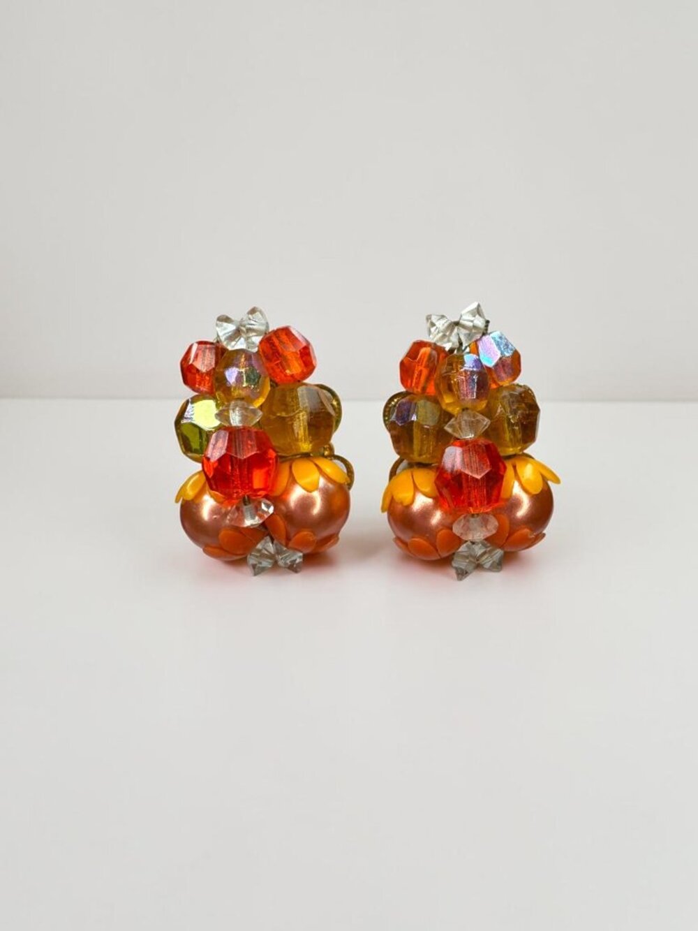 Necklace Earrings Set Orange Faux Pearl Crystal Cluster Beaded Vintage 1960s - Picture 4 of 9